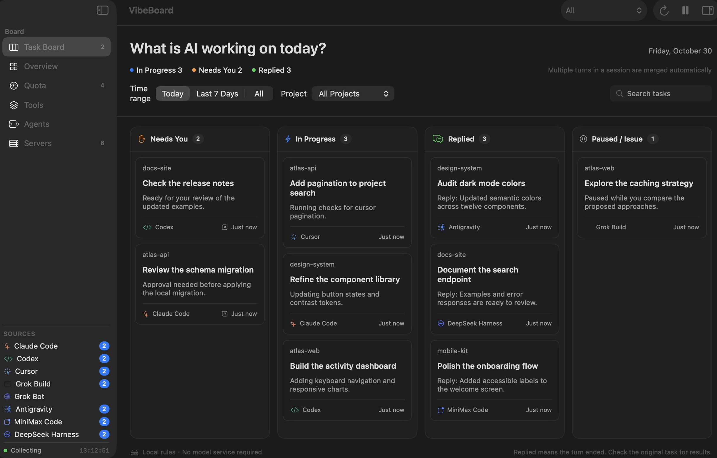 VibeBoard task board with four status columns, project filters, and session cards