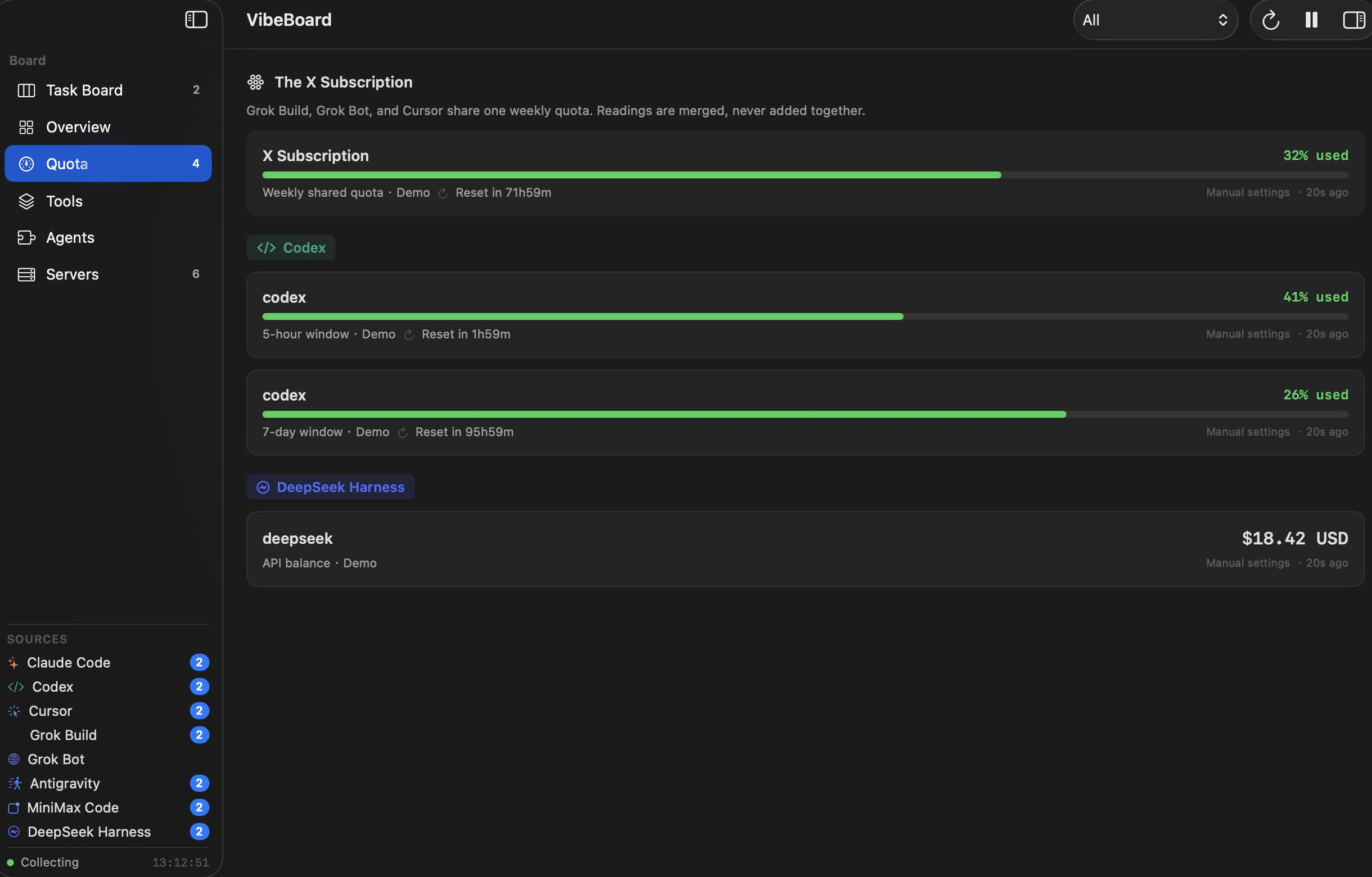 VibeBoard quotas page showing Codex usage, its reading source, and a Grok Bot credential warning