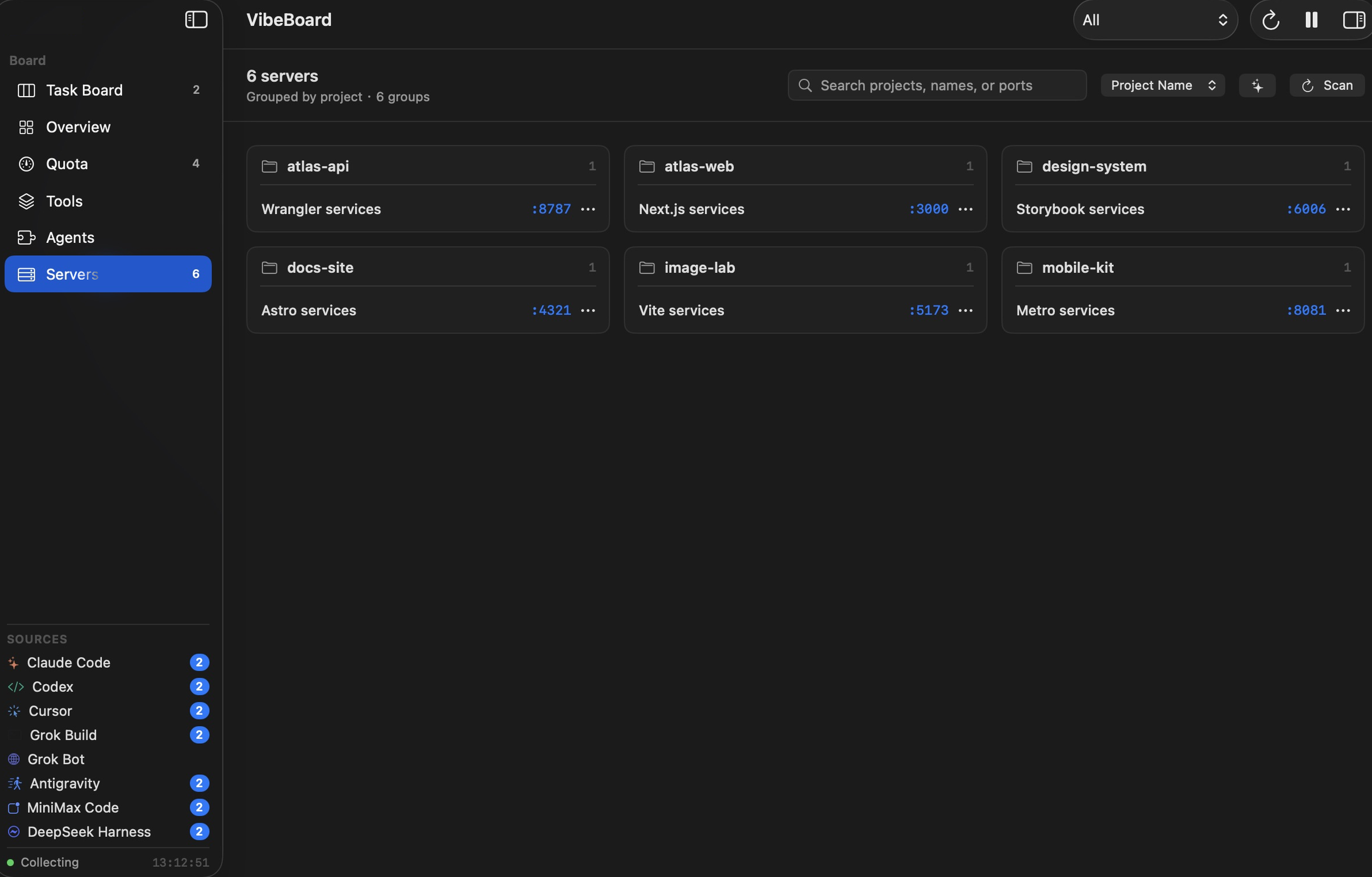 VibeBoard local servers page listing localhost addresses, frameworks, project paths, and process details